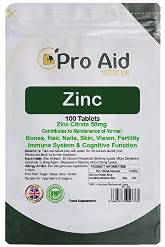 Zinc Tablets 50mg | Immune Function, Fertility, Healthy Bones, Vision, Hair, Nails and Skin | Easy to Swallow | Letterbox Friendly | One per Day |100 Pack by ProAid | Made in UK