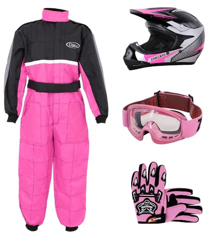 Zorax ZOR-X19 Pink L (53-54cm) Kids Motocross Motorbike Helmet ECE 2206 Aproved + Gloves (L 7cm) + Goggles + Suit (L 9-10 Yrs), for Boys Girls Quad Dirt Bike Racing Karting
