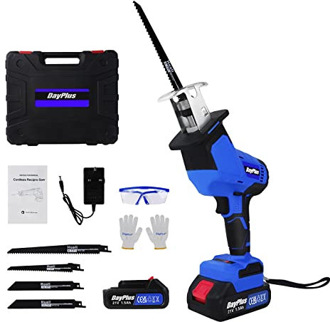 BRIEFNESS Saw to Cut Tree Branches, Cordless Reciprocating Saw, Portable Handheld Electric Lightweight Lady Use, Gardening Tool, with 5 Blades 2pcs Battery and Charger, Blue, with 2 batteries