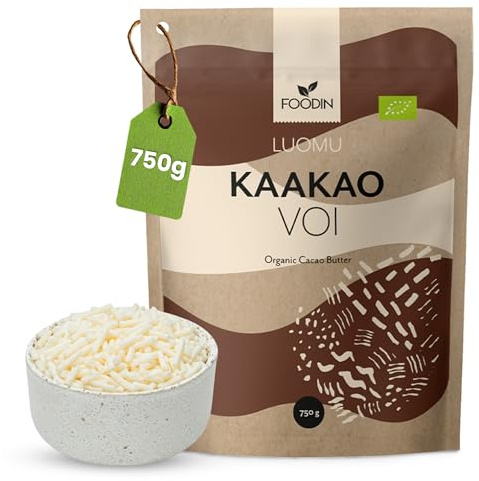 FOODIN Beurre de cacao Bio — Cacao cru polyvalent pour recettes sucrées, glaçages, chocolaterie maison & cuisine saine – Cosmétique nourrissant à texture fondante pour peau douce – 750 g