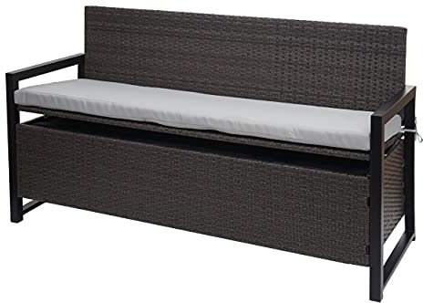 Mendler Poly-Rattan 3er Sitzbank HWC-F39AM - grau, Kissen grau | Gartenbank, Truhenbank, Staufach, Aufbewahrung, Sitzkissen
