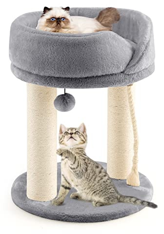 COSTWAY Kratzbaum Klein 4 in 1, Katzenbaum mit weicher Sitzfläche & Basis & Fellknäuel und Sisalseil, Katzenkratzbaum Holz, Katzen Katzenmöbel Kletterbaum, Aktivitätsbaum Spielbaum (Grau)