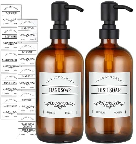 2 Stück Seifenspender Braunglas,Seifenspender Küche,480ml Nachfüllbarer Seifenspender aus Glas mit Edelstahlpumpe,Enthält 12 Arten von Wasserfesten Etiketten