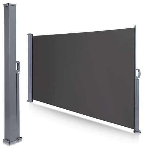 Herrselsam Seitenmarkise Ausziehba, 140x300cm Seitenwandmarkise Blickdicht Sichtschutz Windschutz Robust, Seitenrollo Markise mit Bodenhalterung einziehbarer für Balkon Garten Terrasse, Grau