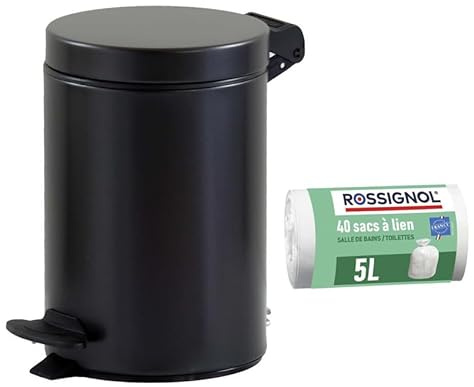 ROSSIGNOL Poubelle de salle de bains à pédale 3L et 40 sacs-poubelle, Certifié Origine France Grantie Seau intérieur amovible, Large pédale CYJEU