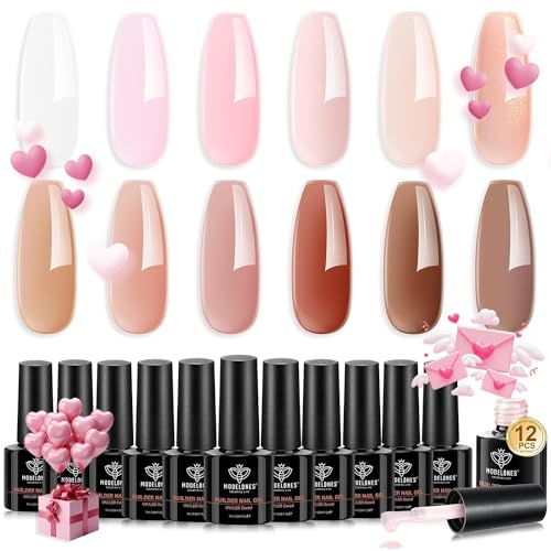 Modelones 12 Colors Builder Gel Set, Pink Brown Builder Nail Gel White Hard Gel Nail Strengthener Extension Gel Color Builder Gel in a Bottle