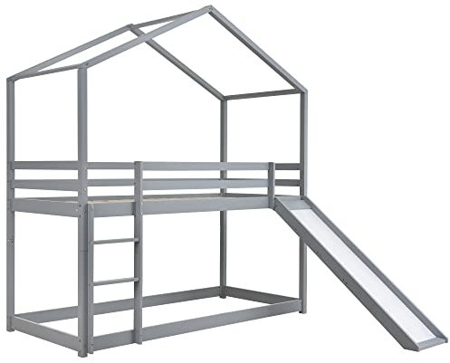 kubeier Lettino per Bambini, Lettino a Castello, 90 x 200 cm, Lettino della Culla, Letto a Castello Basso con Scivolo, Struttura Letto a Castello in Legno massello con Rete a doghe,Grey