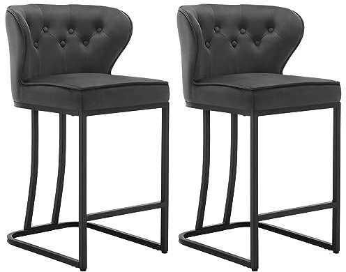WOLTU Set med 2 barstolar med ryggstöd, matsalsstol med fotstöd, ergonomisk, för kök, sovrum, vardagsrum, sammetsstol och metallben, mörkgrå, BH383dgr-2