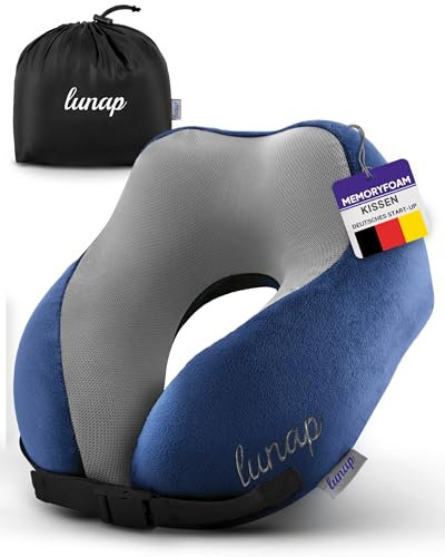 lunap Reisekissen Flugzeug | Nackenkissen Memory Foam atmungsaktiv + waschbar | Nackenhörnchen Erwachsene | Nackenkissen Flugzeug, Auto | Travel Pillow Neck BLAU | Flugzeug Reise Flugzeug