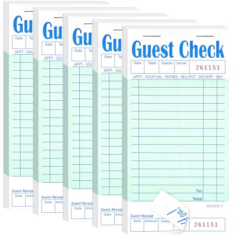 Darcvds 5 Pack Guest Check Books, Server Note Pads for Restaurant, Green Waiter Checkbook, Waitress Notepad, Food Receipt Book, Restaurant Order Pad 50 Sheets/Pack, 250 Total Tickets
