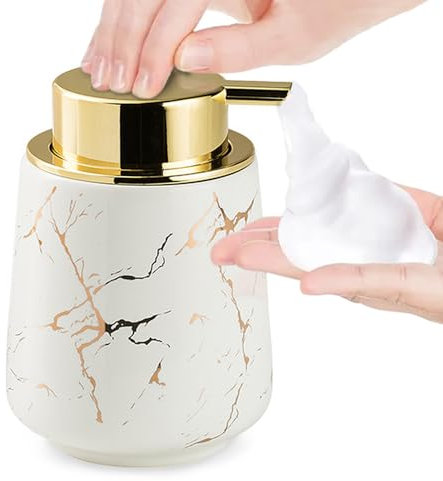 Marble Foam Soap Dispenser for Bathroom, Chic Ceramic Bottle, Gold Soap Dispenser Pump (White)