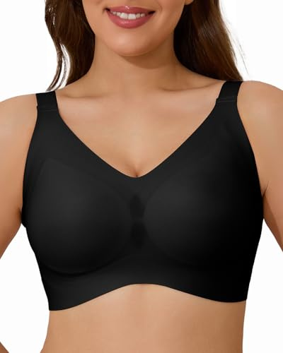 Airsong Minimizer Bras for Women Full Coverage Wireless Plus Size Seamless Bralette with Removable Pads Adjustable Comfort (36D, Black)