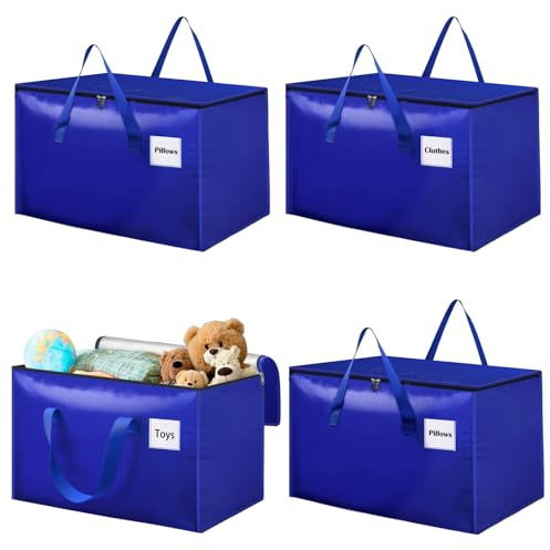 Withosent 100L Grande Bolsa de Almacenamiento, 4 Piezas Impermeable Bolsas de Mudanza con Cremallera y Asa, Bolsas para Guardar Ropa Edredones, Alternativa a las Cajas de Mudanza, Azul