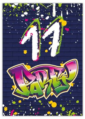Junapack 12 Einladungskarten zum 11. Kindergeburtstag Motto Feier Fest Einladung Set Geburtstag Mädchen Kinder Jungs Jungen Boys Teenies Unisex Graffiti Jugendstill modern bunt grün lila neon