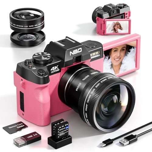 NBD 4K Digital Photography Camera - 48MP/120FPS Video, Wi-Fi & App Control, 16X Zoom, Macro & Wide-Angle Lenses, Autofocus, Webcam Function, Includes 16 Accessories, 32GB TF Card & 2 Batteries(Pink)