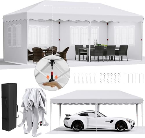 Pavillon 3x6,One Push Faltpavillon 3x6 Wasserdicht Stabil, Pop up Pavillon Winterfest, Gartenpavillon mit 6 Seitenteilen,Partyzelt,12 Erdhaken 6 Seile, für Strand/Festival/Camping/Markt,Weiß