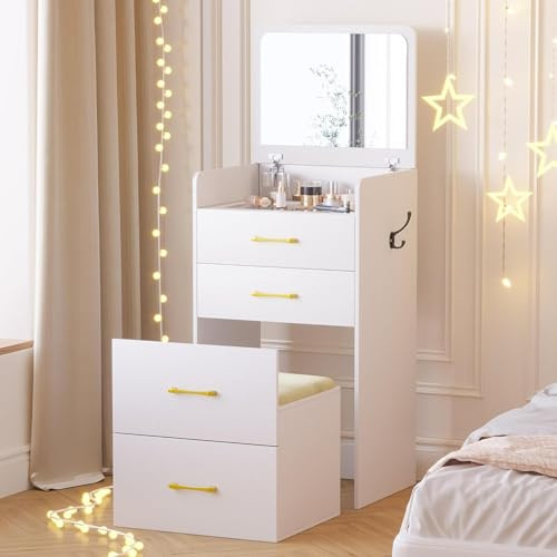 yoofun 3 in 1 White Dressing Table With Mirror And Stool, Flip Up Mirror Vanity Desk, Modern Glass Top Compact Makeup Table Set with 3 Drawers for Girl Bedroom