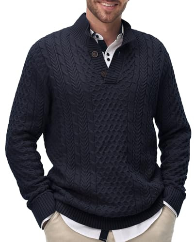 Comilaka Jersey Hombre Invierno Suéter Cuello Alto con Botones Suéteres de Punto Algodón Jersey de Canalé