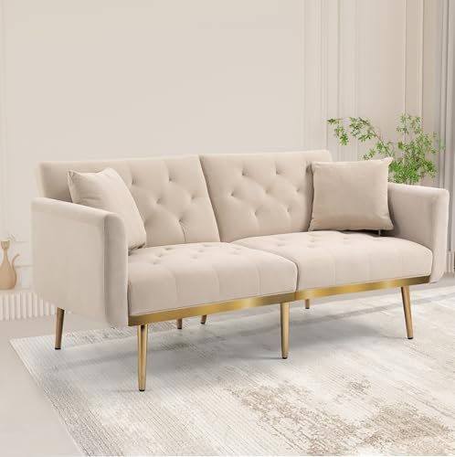 HAINEW Klappbares Schlafsofa mit Schlaffunktion, Moderner 3-Sitzer Couch Sofa Klappsofa Bettcouch Gästebett mit Kissen und Goldene Metallbeine für Wohnzimmer Schlafzimmer (Beige + Samt)