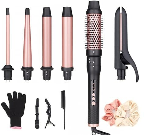 UNOBEY 6 in 1 Curling Iron, Curling Wand Set with Curling Brush, Hair Straightener and 4 Interchangeable Ceramic Curling Barrels (0.5-1.25), Instant Heat Up, Dual Voltage Hair Curler, Include Glove
