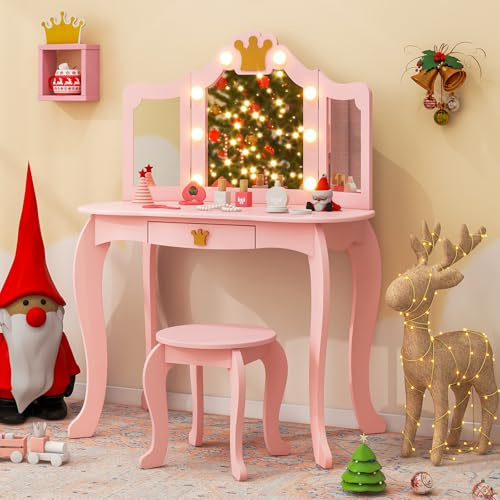 COSTWAY Kids Vanity Table and Chair, Girls Dressing Tables with Tri-Folding & Detachable Mirror and Drawer, Cute Make Up Pretend Dresser Desk Stool Set for Toddlers