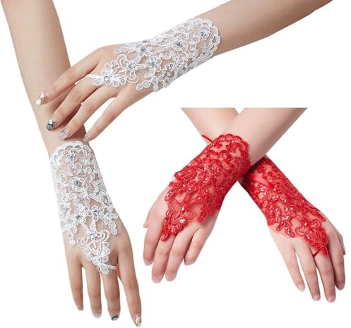 SLEEKEE Guanti Da Sposa 2 Pezzi, Guanti In Pizzo, Guanti Lunghi Senza Dita, Accessori Di Abbigliamento (Bianco, Rosso)