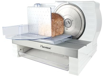 Bestron Brotschneidemaschine, mit RSG-Edelstahlklinge – Made in Germany, stufenlose Schnittstärkeneinstellung 0-20mm, Allesschneider mit Wechseltaste für Automatik- und Manuell-Betrieb, Farbe: Weiß