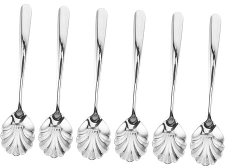 GRIRIW 6pcs Scalloped Dessert Spoons Stainless Steel Soup Spoons for Coffee Ice Cream Tea Hotels