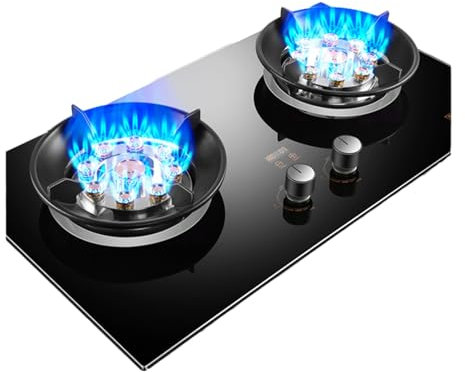Estufa de Gas de 2 quemadores, 5,2 KW, 9 cavidades, Fuego Alto temporizado, Soporte para ollas de Hierro Fundido con Vidrio Templado Negro, para Estufas Independientes (GLP de un Color)