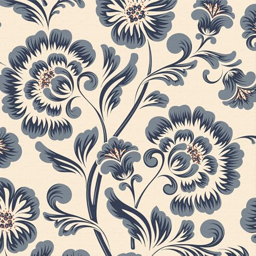 ICYEHAO Self Adhesive Wallpaper Blue Floral,44 x 600 cm Beige and Blue Flower Wallpaper Baroque Wall Paper Peel and Stick Self Adhesive Furniture Wrap for Living Room,Bathroom,Cabinet,Drawer,Kitchen