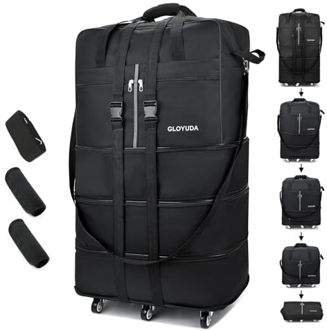 Gloyuda Faltbare Reisetasche mit Rollen, 93cm Reisetasche Groß, schwarz Reisetaschen Faltbar, Kleidersack, Faltbare Handgepäck Tasche, mit Zwei Gepäckgriffhüllen und EIN Schultergurt (schwarz)