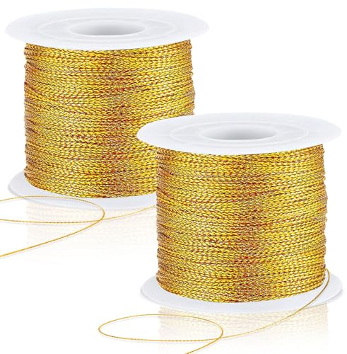 JUNEBRUSHS 218 Yards Weihnachts-Metallschnur, Weihnachtskordel, Goldschnur, Aufhänger zum Basteln, Band, Metallschnur für Ornamente, Hängedekoration, Schmuckherstellung, Geschenkpapier (Gold)