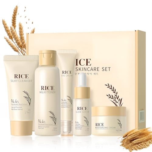 Riso Kit Cura Della Pelle Donna 5 Pezzi, include Rice Toner,Essenza,Crema,Siero per gli occhi,Detergente,Kit Skincare Viso Completo,Rassodante,Idratante,Non Grasso,Adatto a Tutti i Tipi di Pelle