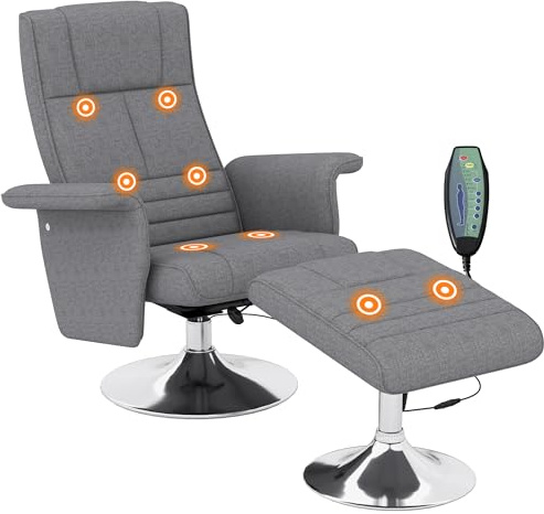 HOMCOM Fauteuil Relax massant par Vibrations avec Pouf, Fauteuil TV avec Fonction Chaise Longue, siège pivotant à 360° Assise rembourrée Confortable, pour Salon, Chambre, Tissu Effet Lin, Gris foncé
