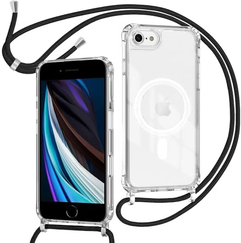 ZYIMOU für iPhone SE 2022/SE 2020/iPhone 8/iPhone 7 Hülle mit Band Kompatibel mit MagSafe, Transparent Magnetische Handyhülle mit Kordel zum Umhängen Handyband Stossfest Schutzhülle，Kette Schwarz