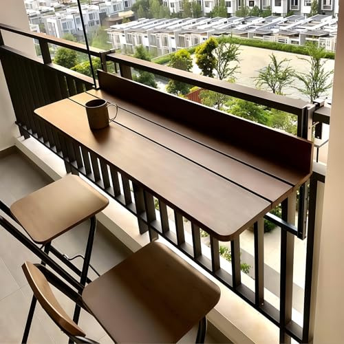 SAYEYBU BalkongeläNder-Tisch, Balkon-HäNgetisch, Mit Verstellbarer HöHe, Platzsparender TreppengeläNder-Tisch, FüR Kaffee Und Mahlzeiten Im Freien,Braun,80 * 37cm