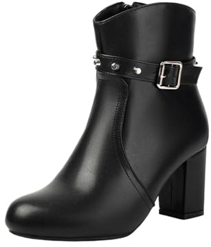Vintage Korta Stövlar Med Nitar Damankelstövlar I PU-läder Med Blockklack 2025 Moderna Ankelboots Med Metallspänne Höst-/vinterhöga Klackar Med Dragkedja Eleganta Aftonskor(Black,42 EU)
