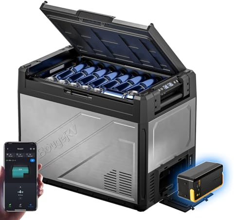 BougeRV Rocky V3.0 Dual Zonen Auto Kühlbox 65L mit Akku 240Wh, -20℃~20℃ | Kompressor Akku Kühlbox 12V/24V 230V mit Gefrierfach APP-Steuerung Metallgehäuse IPX4 für Camping Reisen Boot Angeln