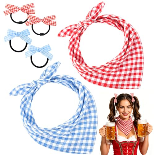 Celsano 2 Stück Oktoberfest Trachtentuch und 2 Paar Haargummis, 45 * 45cm Bierfest Halstücher Kariert Dreieckstuch Für Männer und Frauen gleichermaßen geeignet, ideal für Oktoberfest-Partys (Blau)