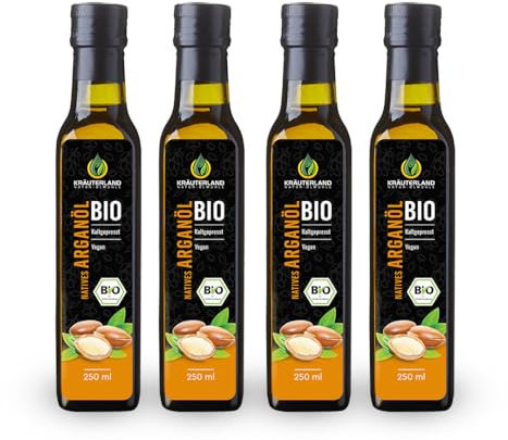 Kräuterland Bio Arganöl 4X250ml (1L), ungeröstet (mild), kaltgepresst, naturrein ohne Zusatz von Aroma-, Farb- und Konservierungsstoffen, Premium Qualität aus Marokko