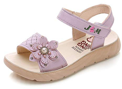 QZBAOSHU Sandal flicksandaler sommar läderblommor för småbarn flickor, Lila 3, 26 EU