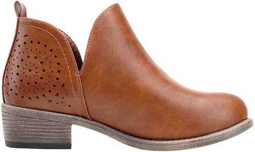 Vepose Women's Ankle Boots, Low Heel Chunky Cutout Booties, 912 - Red Brown, Size 7 US - Perforated Western Shoes (CJY912 red Brown 07)