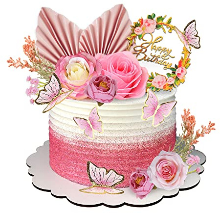 17 PCS Flower Cake Toppers Boho Cake Toppers Butterfly Cake Decorations with Light Artificial Roses Eucalyptus for Wedding Birthday Supplies (Light Pink)