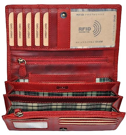 Benthill Portemonnaie Damen Leder - Hochwertige weiche Vintage Echtleder Damen Geldbörse mit RFID Schutz - Grosse Damenbörse lang - Frauen Portmonee inkl. Geschenkbox, Farbe:Rot