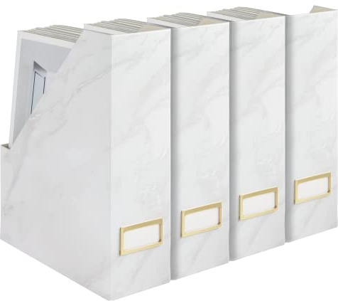 Blu Monaco Set of 4 Elegant Magazine Holders with White Marble Design and Gold Label Holders - Perfect File Holder for Desk, Magazine Storage for Home Office, and Classroom Organization and Storage