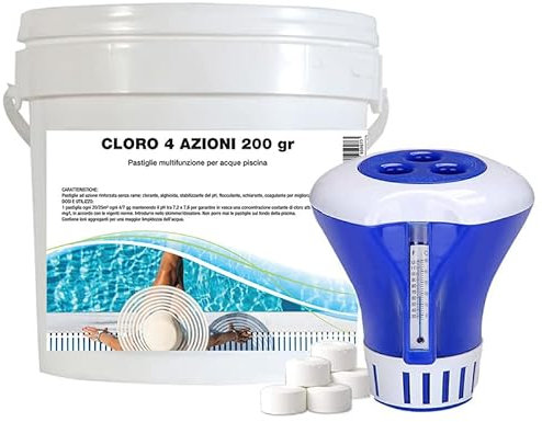 Virsus 5Kg Cloro 4 azioni a Pastiglie + DOSATORE GALLEGGIANTE per acque piscina, 25 Pastiglie da 200 gr a lenta dissoluzione per disinfezione dell’acqua, Clorante, Alghicida, Stabilizzante del pH