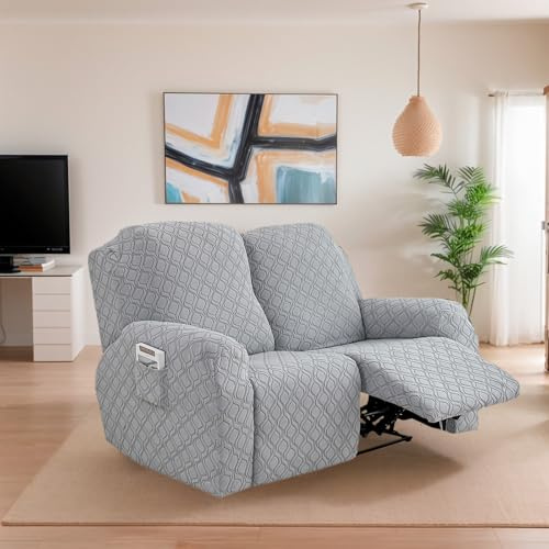 OKYUK Fodera per Poltrona Relax 2 Posti, Alta Elasticità e Antimacchia, Protezione da Animali e Bambini, Copertura Antiscivolo con Tasche, Estraibile e Lavabile (grigio chiaro, 2 posti)