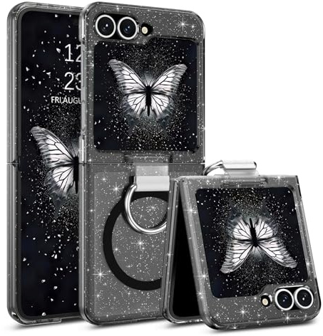 DOMAVER Glitterfodral för Samsung Galaxy Z Flip 6 med ring, mobiltelefonfodral Samsung Z flip 6 fodral kompatibelt med Mag Safe, transprent bling hårt PC-skydd, allroundskydd magnetiskt skyddsfodral,