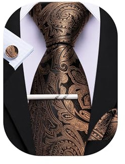 Barry.Wang Corbata de cachemira con clip de corbata para hombre, corbata de seda, pañuelo cuadrado, juego de gemelos formales, bodas, fiestas, negocios, Negro Marrón, Taille unique