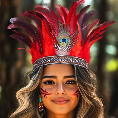 Fashband Cerchietto con piume di pavone, corona decorativa, stile hippie, tribale, festival, costume da donna (rosso, taglia unica)